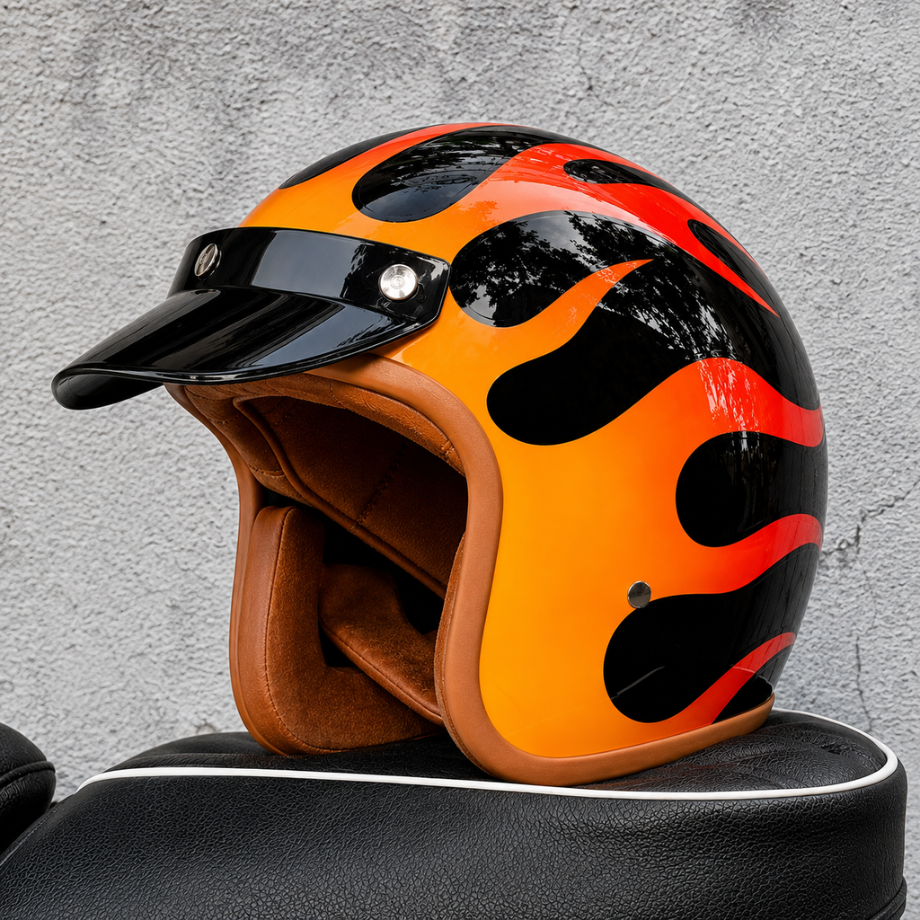 Casco Jet Retro Negro con Llamas ORZ – Moto Custom Café Racer