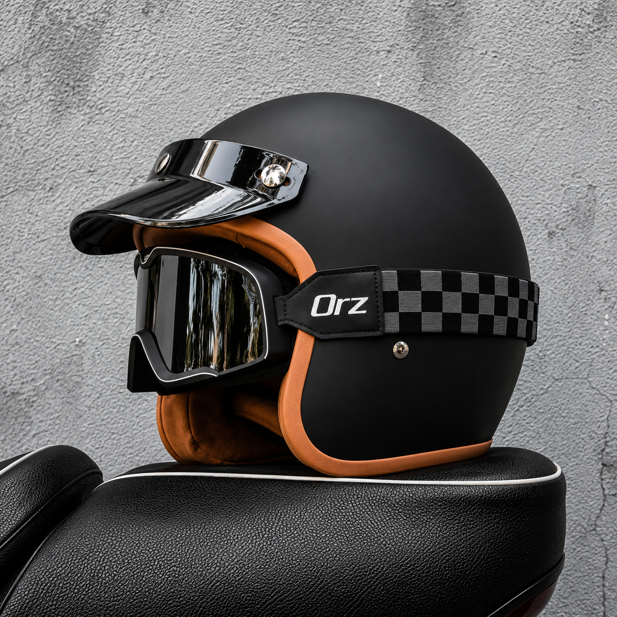 Casco Jet Retro Negro Mate ORZ – Moto Custom Café Racer