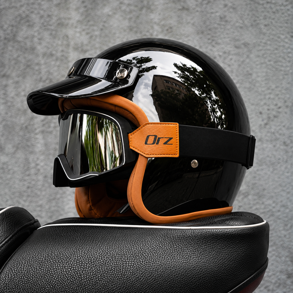 Casco Jet Retro Negro Brillante ORZ – Moto Custom Café Racer