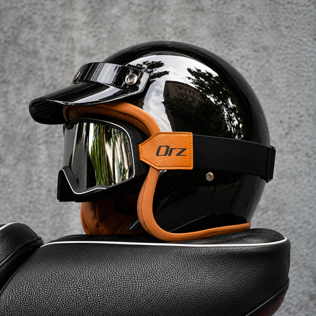 Casco Jet Retro Negro Brillante ORZ – Moto Custom Café Racer