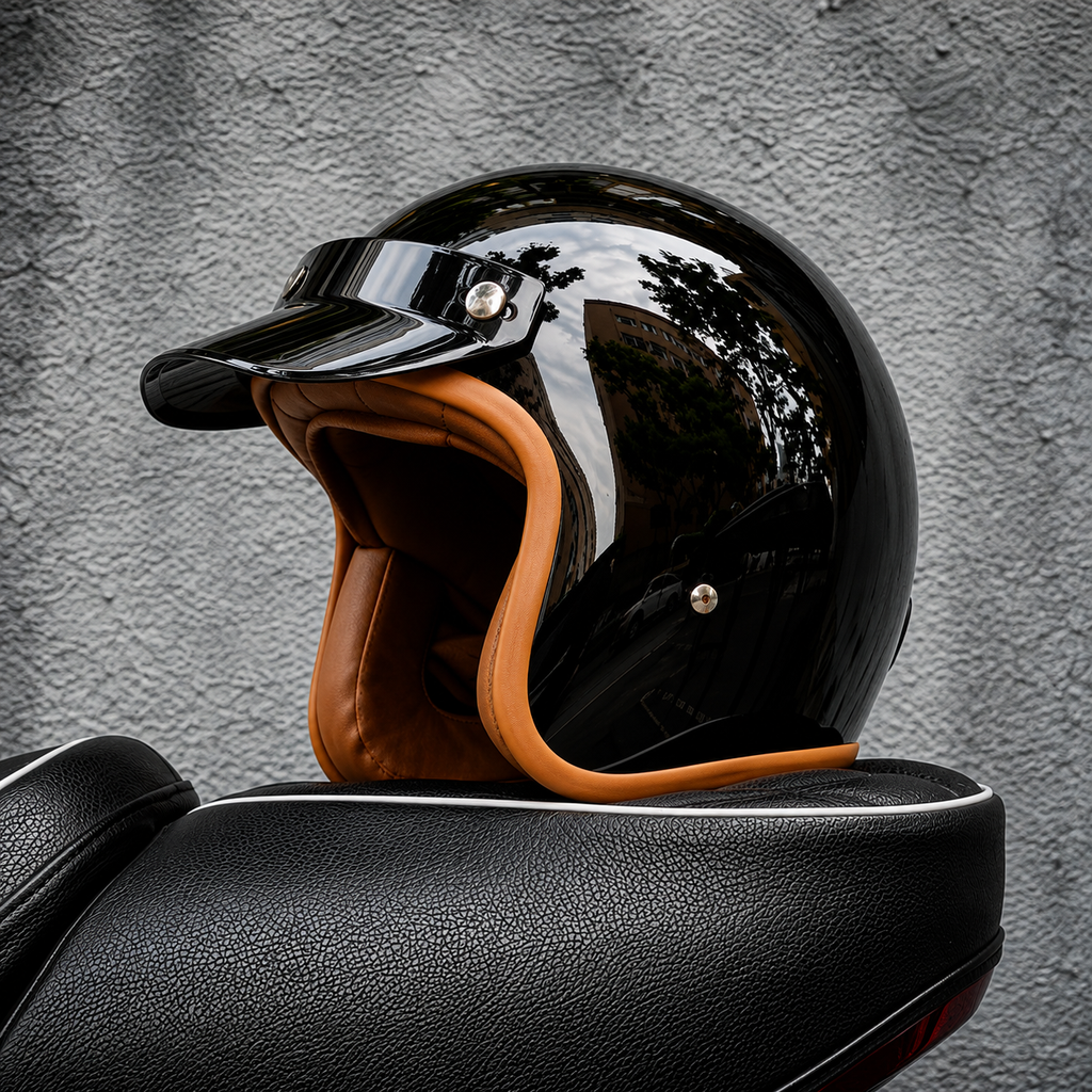 Casco Jet Retro Negro Brillante ORZ – Moto Custom Café Racer