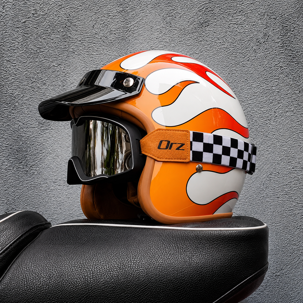 Casco Jet Retro Blanco con Llamas ORZ – Moto Custom Café Racer