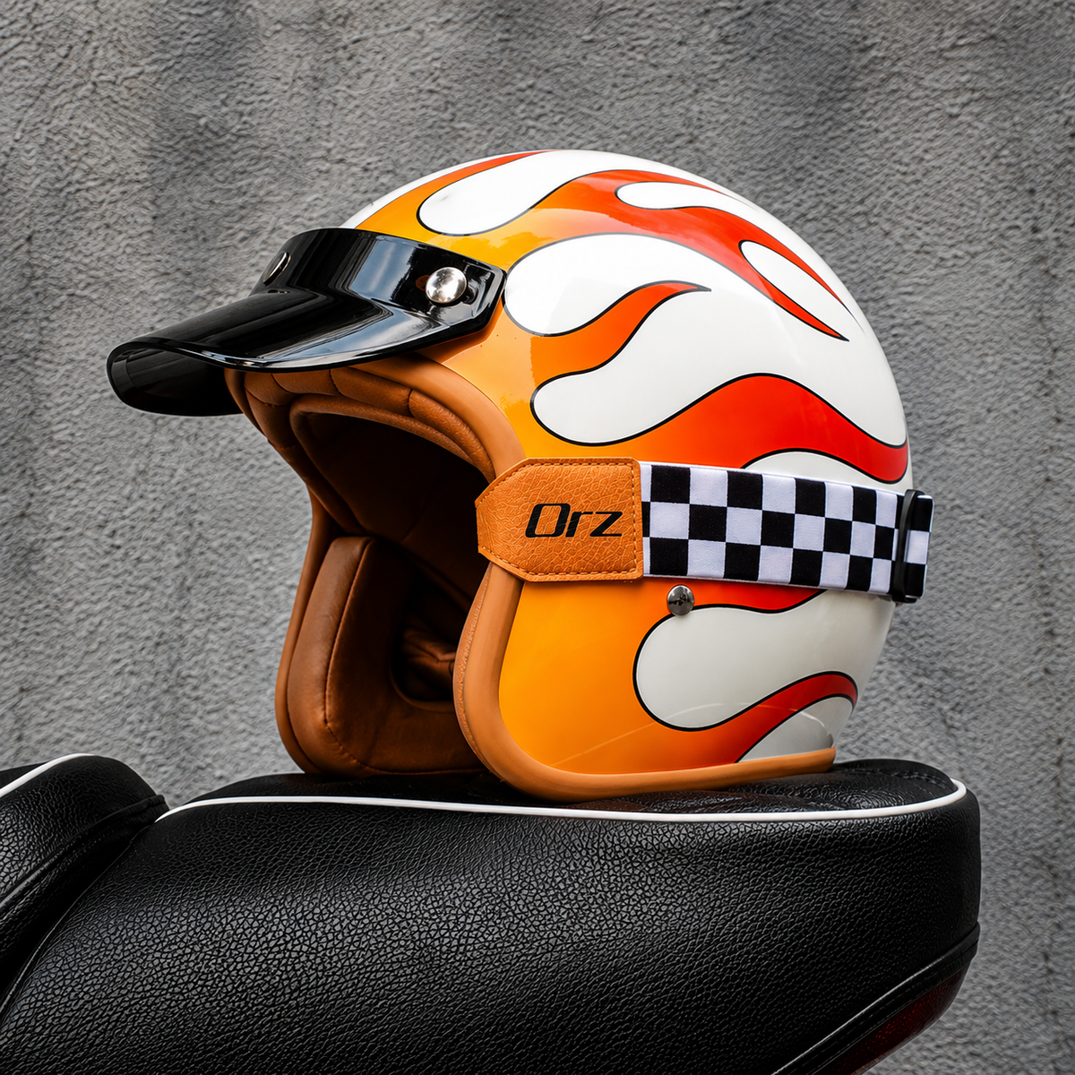 Casco Jet Retro Blanco con Llamas ORZ – Moto Custom Café Racer