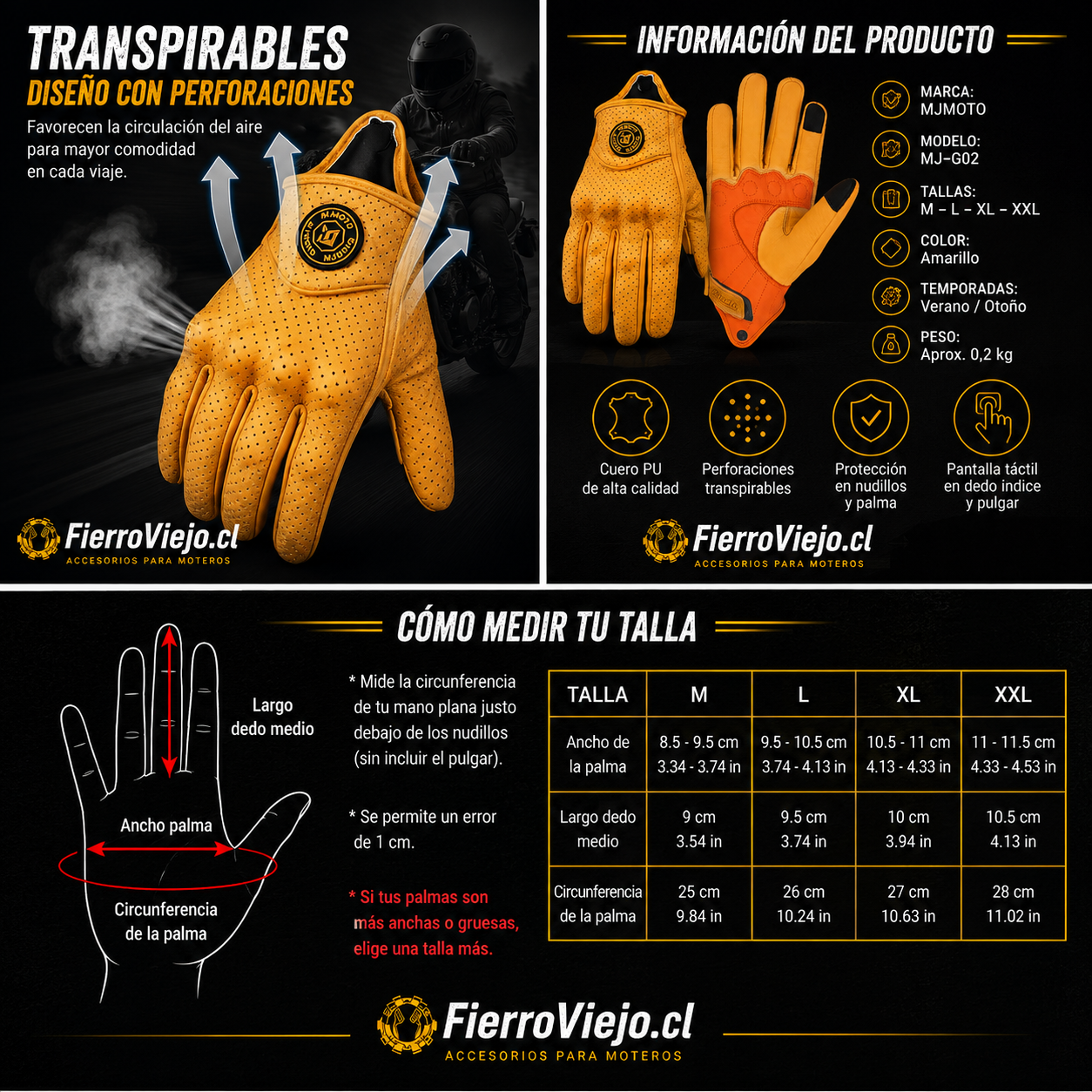 Guantes Amarillos para Moto Retro Vintage | Transpirables con Pantalla Táctil | FierroViejo