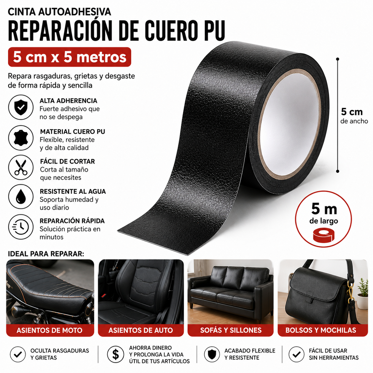 Cinta Autoadhesiva para Reparación de Cuero PU Negra | Parche para Asientos de Moto, Sofás, Autos y Muebles