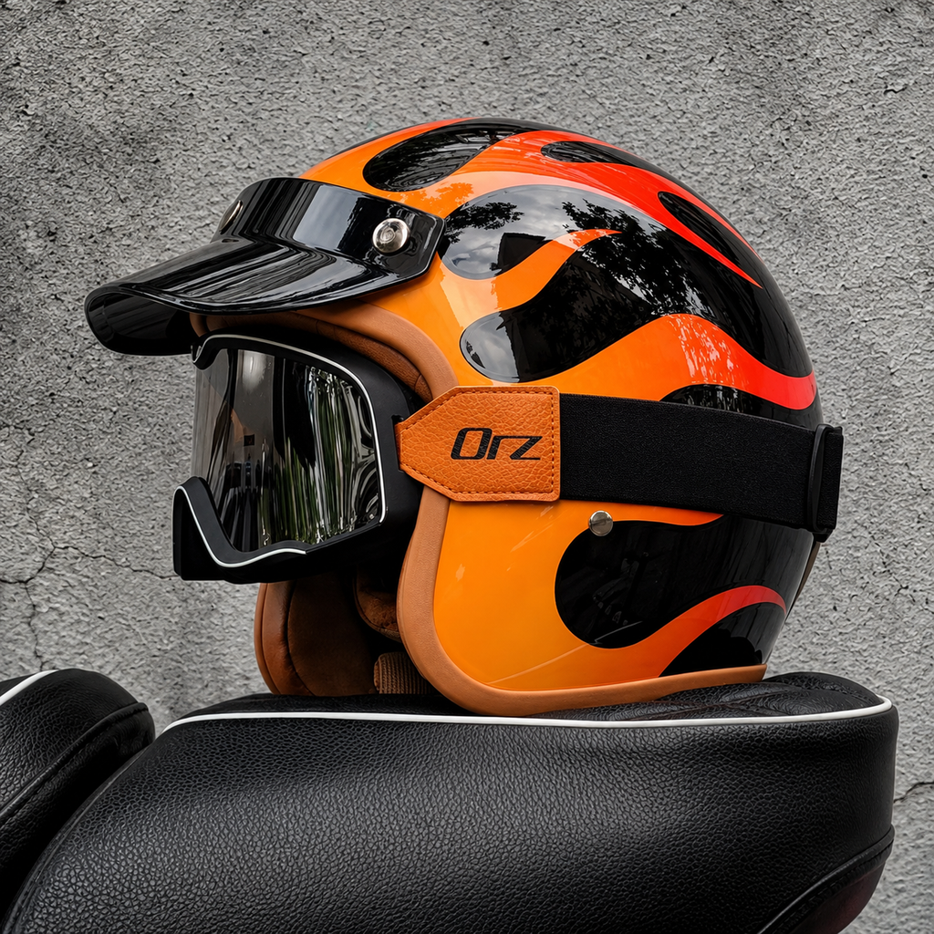 Casco Jet Retro Negro con Llamas ORZ – Moto Custom Café Racer