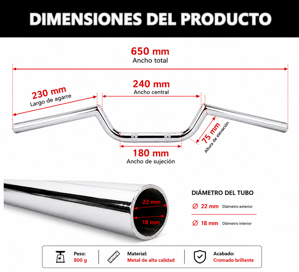 Manillar Clubman Cromado 22 mm para Moto Café Racer, Custom y Scrambler