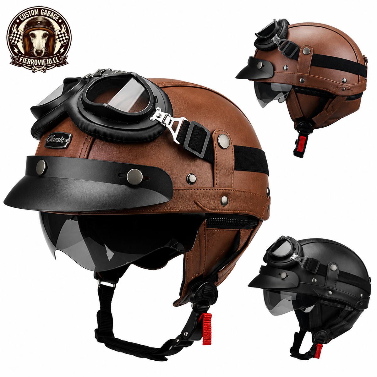 Casco Moto Retro Vintage Cuero con Visor | Café Racer Bobber Custom