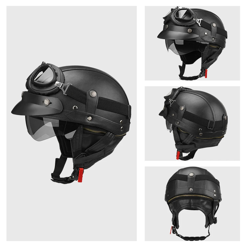 Casco Moto Retro Vintage Cuero con Visor | Café Racer Bobber Custom
