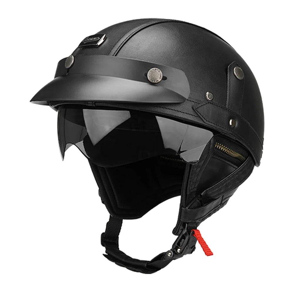 Casco Moto Retro Vintage Cuero con Visor | Café Racer Bobber Custom