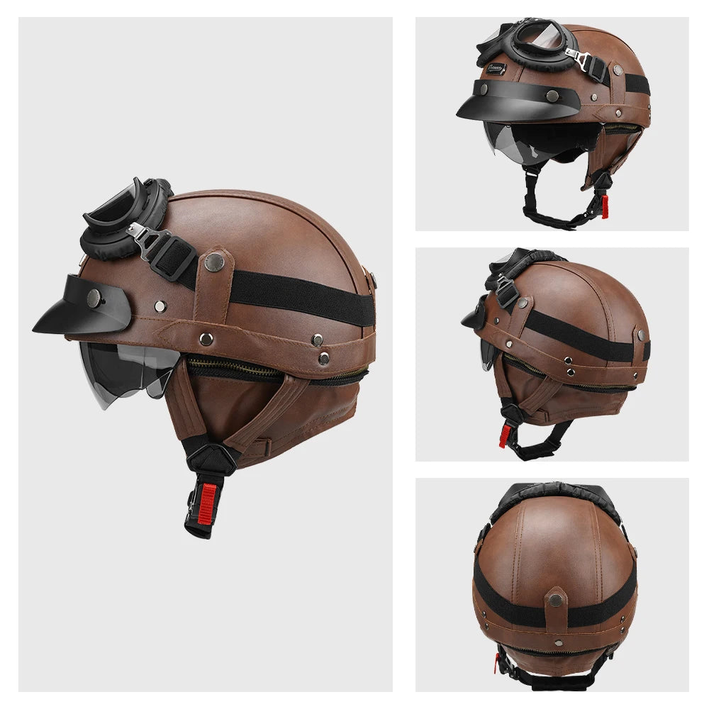 Casco Moto Retro Vintage Cuero con Visor | Café Racer Bobber Custom