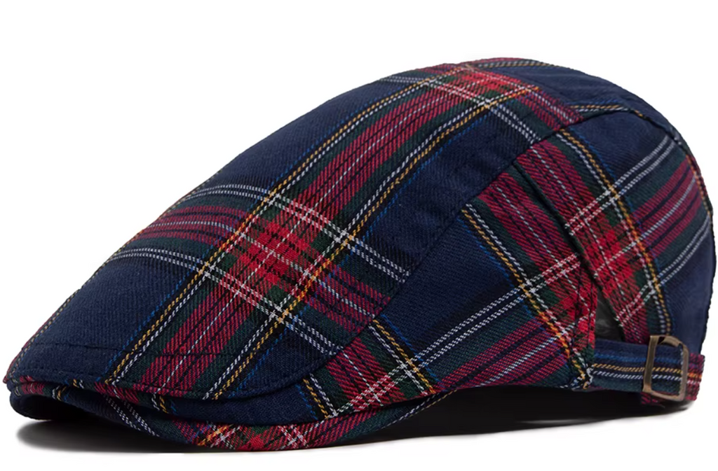 Gorra plana a cuadros vintage azul unisex | Boina con visera ajustable estilo retro primavera otoño