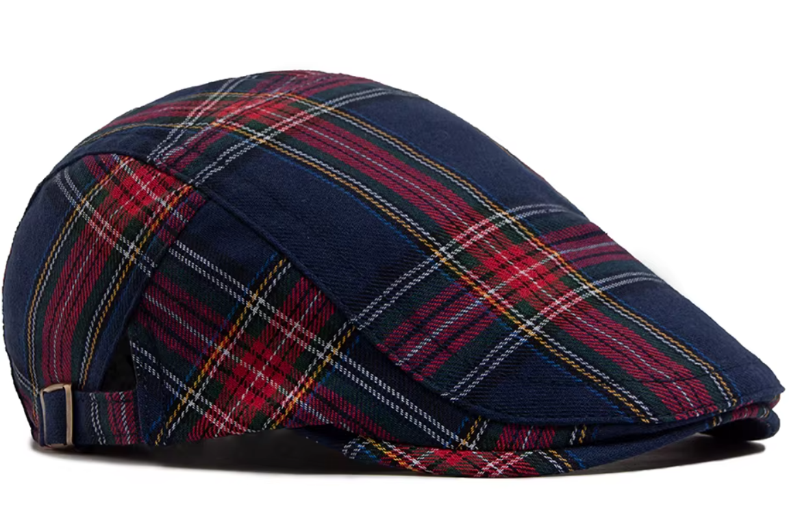 Gorra plana a cuadros vintage azul unisex | Boina con visera ajustable estilo retro primavera otoño