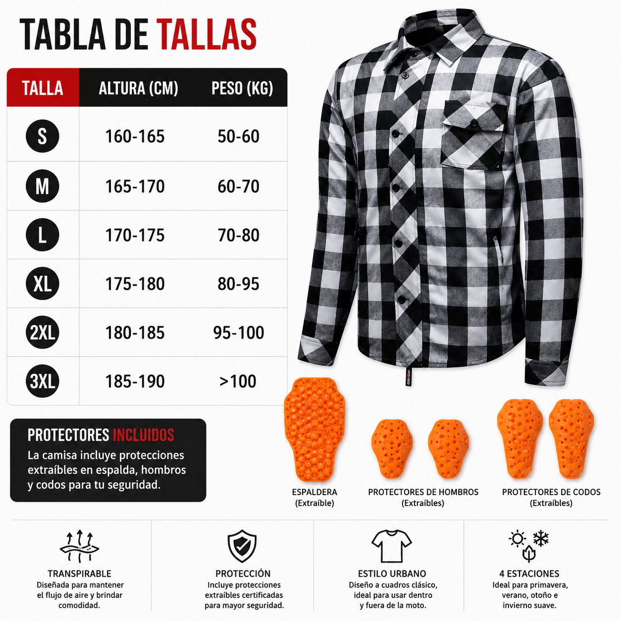 Camisa de Moto con Protecciones Riding Shirt Ventilada 4 Estaciones