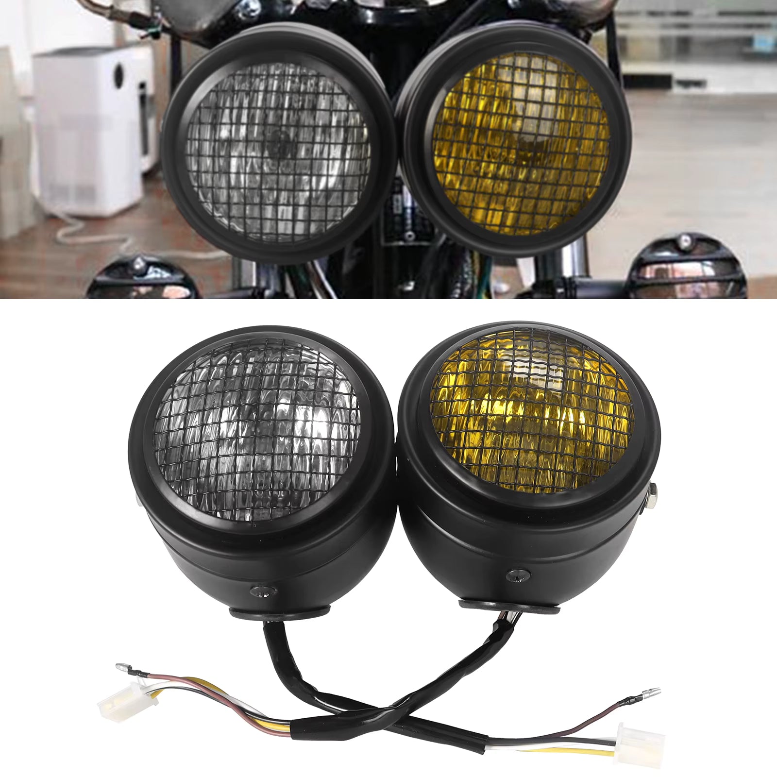 Faro Delantero Doble Universal para Moto con Parrilla | Harley, Cafe Racer, Bobber y Streetfighter
